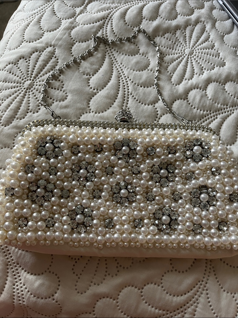 Pearl and Crystal Embellished Evening Clutch - White